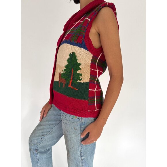 90s vintage outdoor nature print knitted plaid button up hand knit sweater vest - Picture 3 of 9